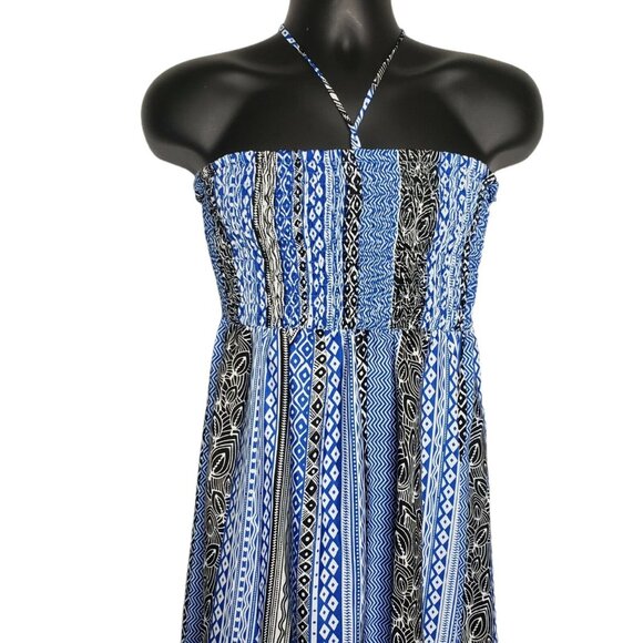 Smock Top Maxi Geometric Print Blue White Black Halter Dress Size XL - Picture 4 of 9